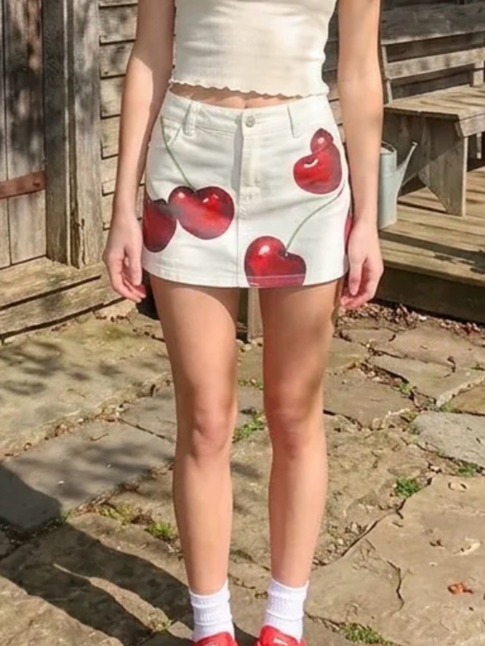CIDER | Denim Mini Skirt in Cherry Print